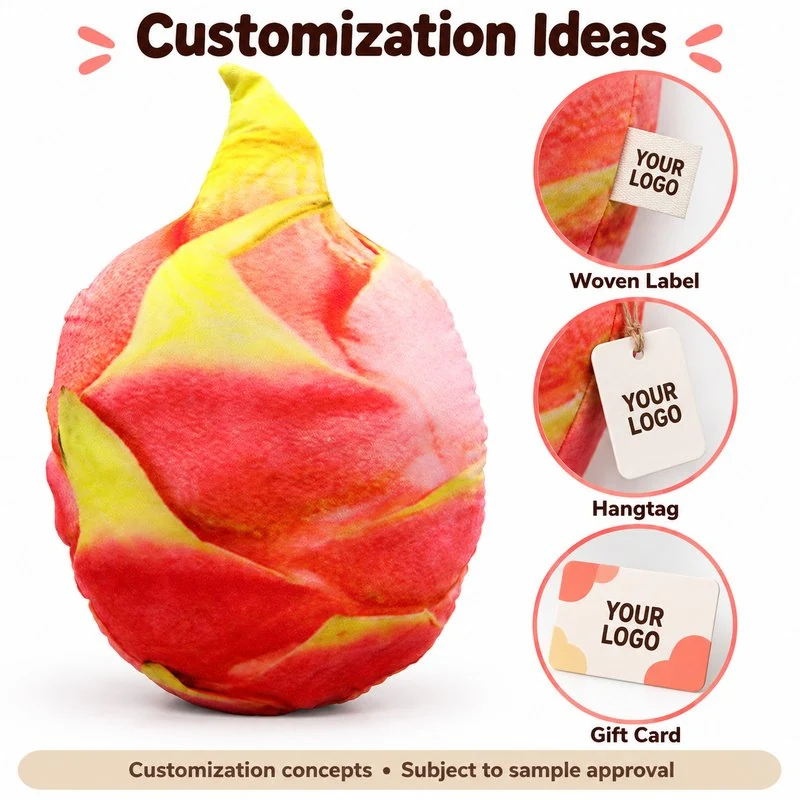 Customization concept for dragon fruit plush pillow; feasibility and sample approval required.