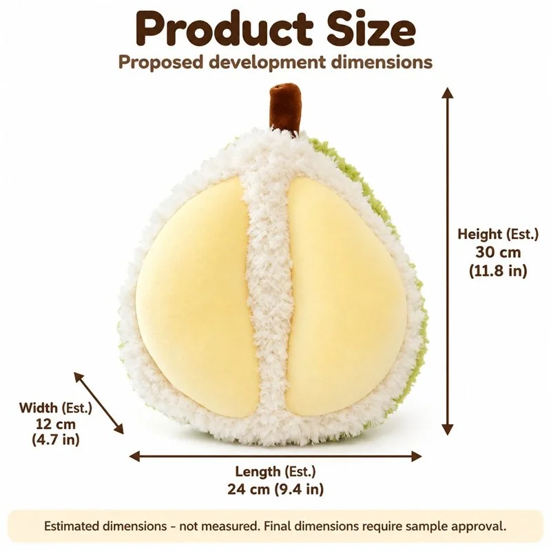 Yellow Segment Fruit Plush Cushion — proposed size reference; dimensions require sample confirmation.