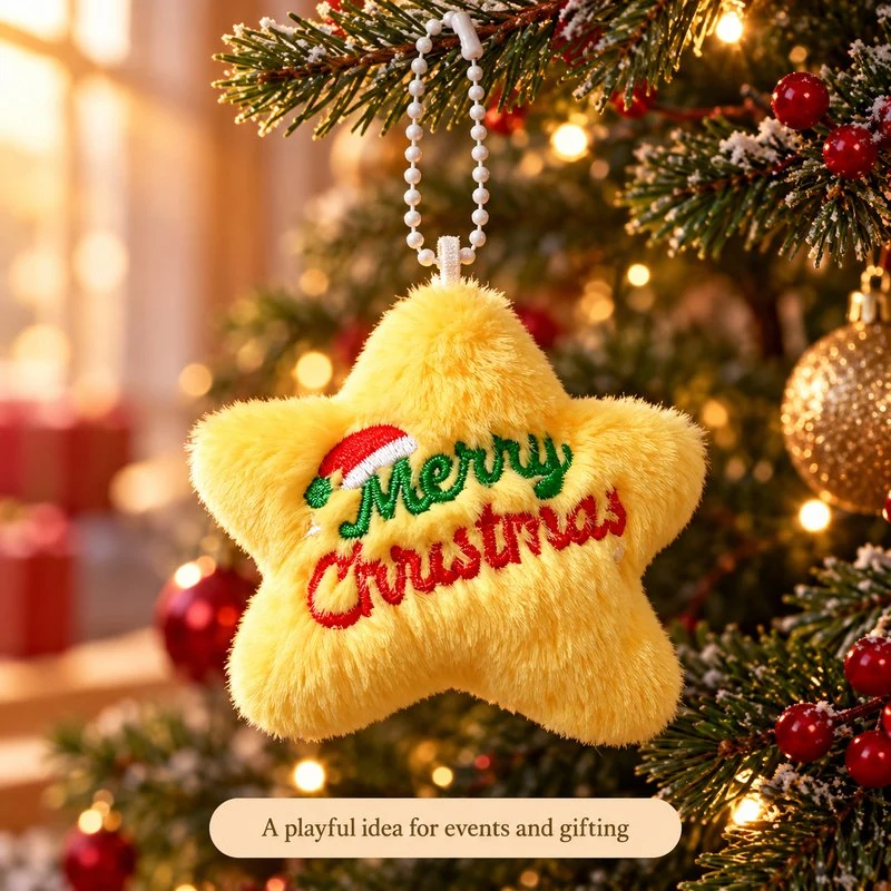 Illustrative application scene featuring embroidered christmas star plush charm; setting is a concept.
