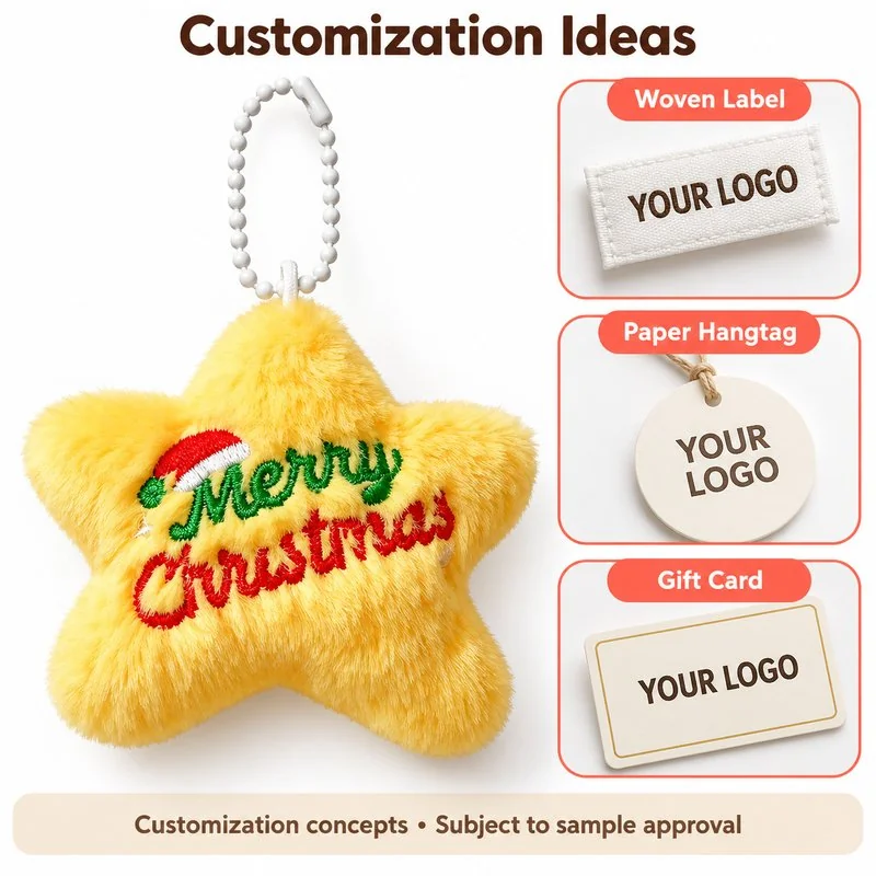 Customization concept for embroidered christmas star plush charm; feasibility and sample approval required.