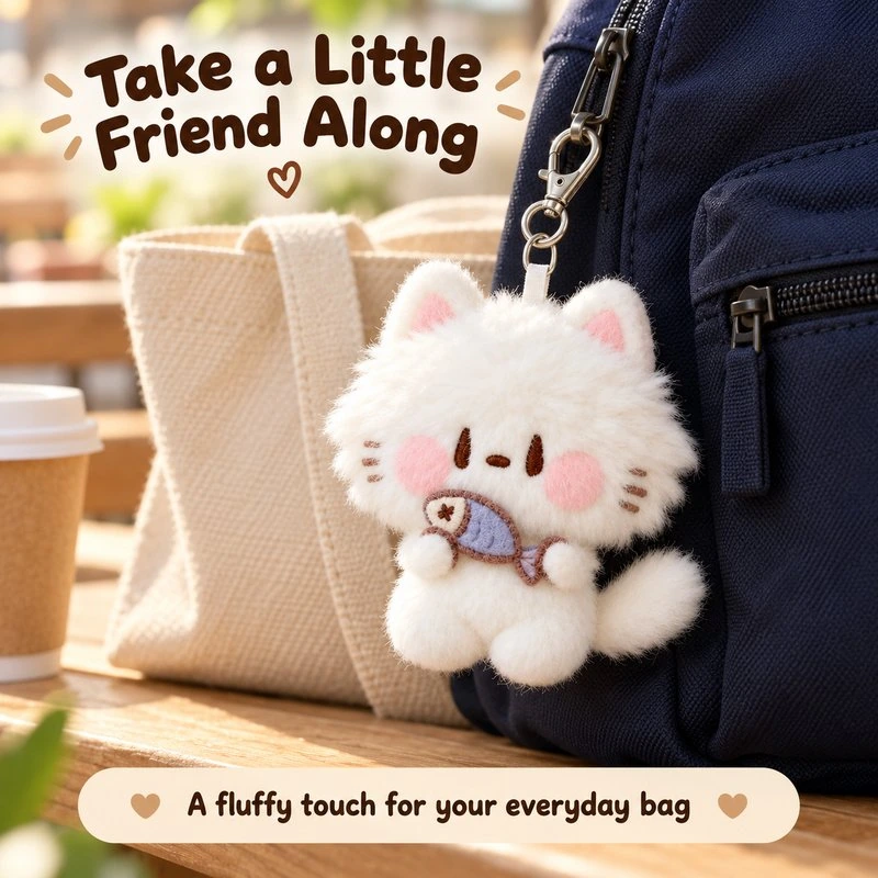 Illustrative application scene featuring fish holding white cat plush keychain; setting is a concept.
