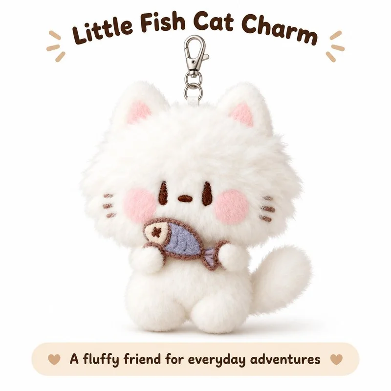 Fish Holding White Cat Plush Keychain