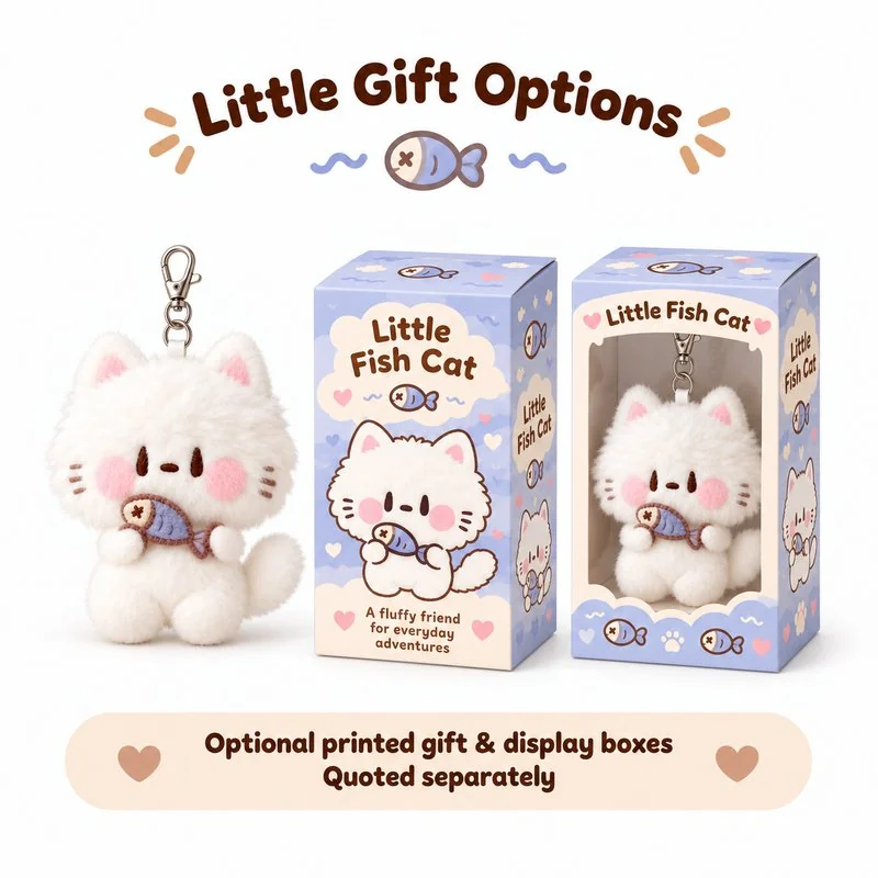 Fish Holding White Cat Plush Keychain — optional packaging concept; final artwork, fit and quotation require confirmation.