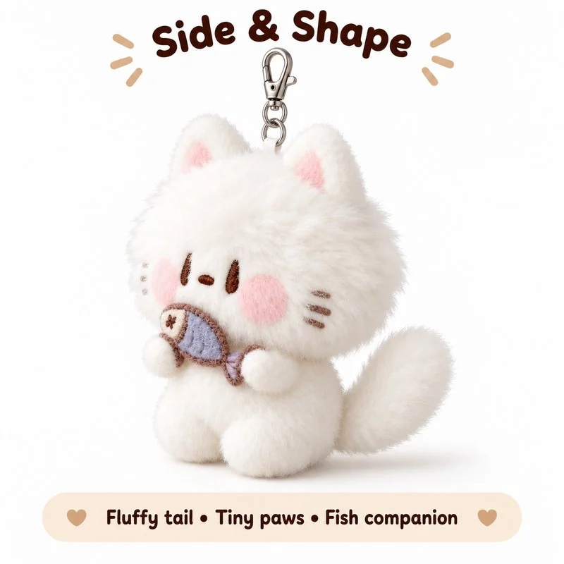 Fish Holding White Cat Plush Keychain — additional angle concept.