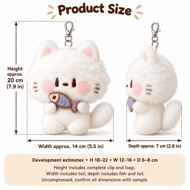 Fish Holding White Cat Plush Keychain — proposed size reference; dimensions require sample confirmation.