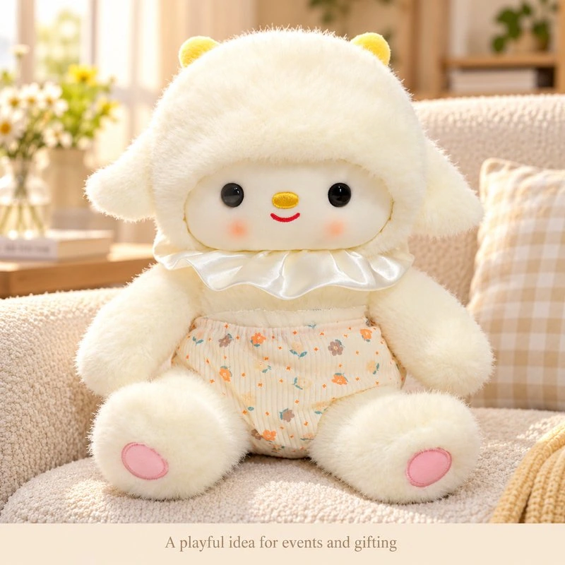 Illustrative application scene featuring floral bloomer baby lamb plush; setting is a concept.