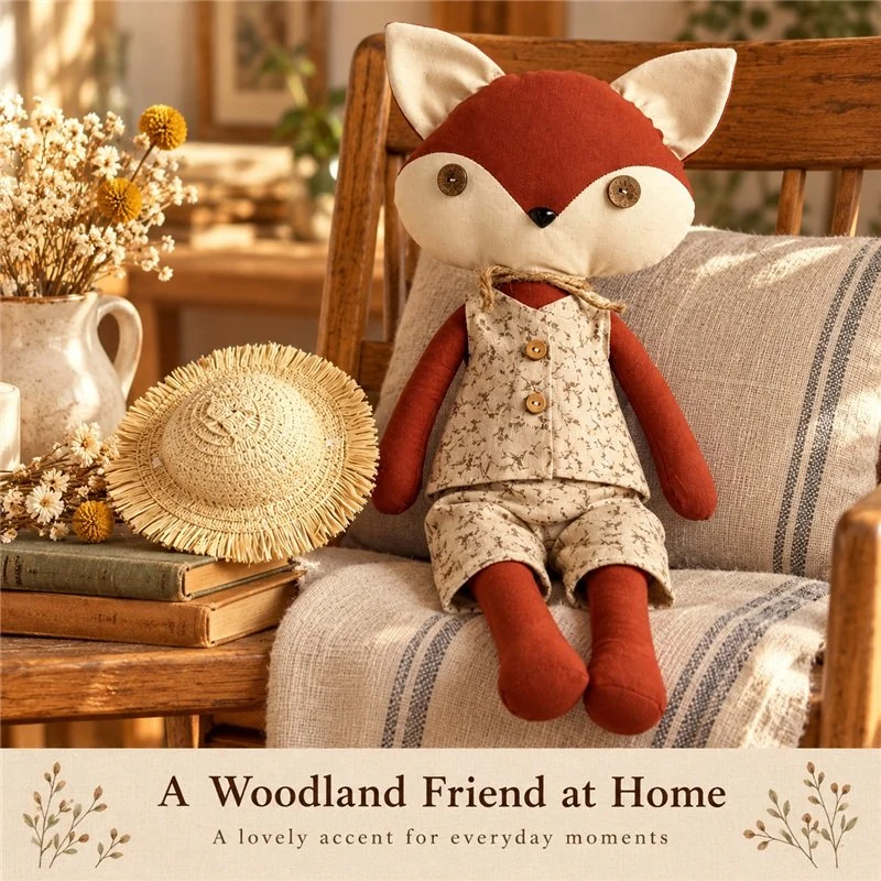 Illustrative application scene featuring floral waistcoat fox cloth doll; setting is a concept.