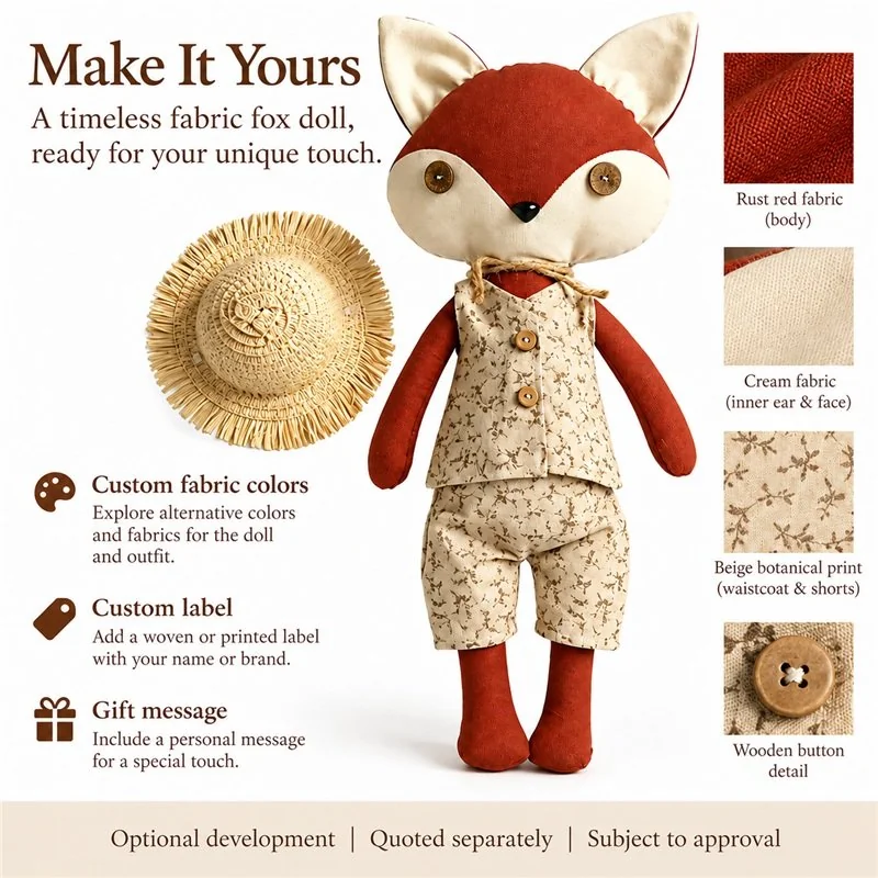 Customization concept for floral waistcoat fox cloth doll; feasibility and sample approval required.