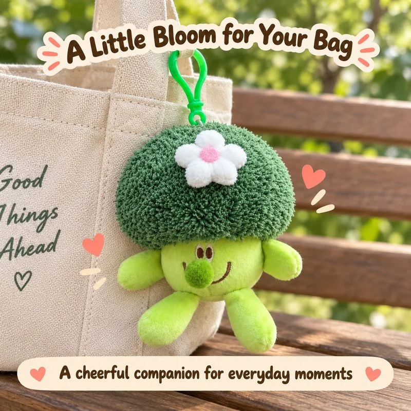 Illustrative application scene featuring flower broccoli plush keychain; setting is a concept.