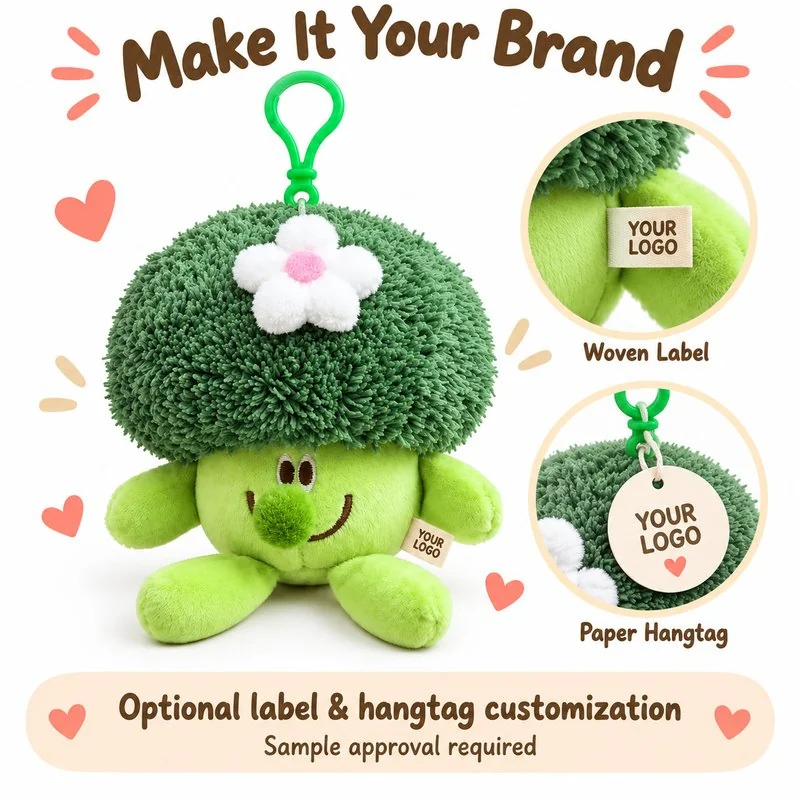 Customization concept for flower broccoli plush keychain; feasibility and sample approval required.