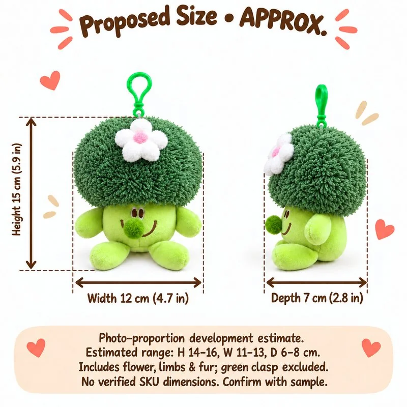 Flower Broccoli Plush Keychain — proposed size reference; dimensions require sample confirmation.