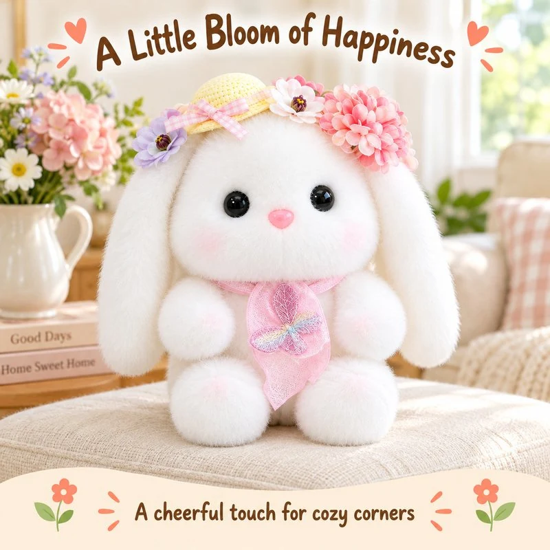 Illustrative application scene featuring flower crown easter bunny plush; setting is a concept.