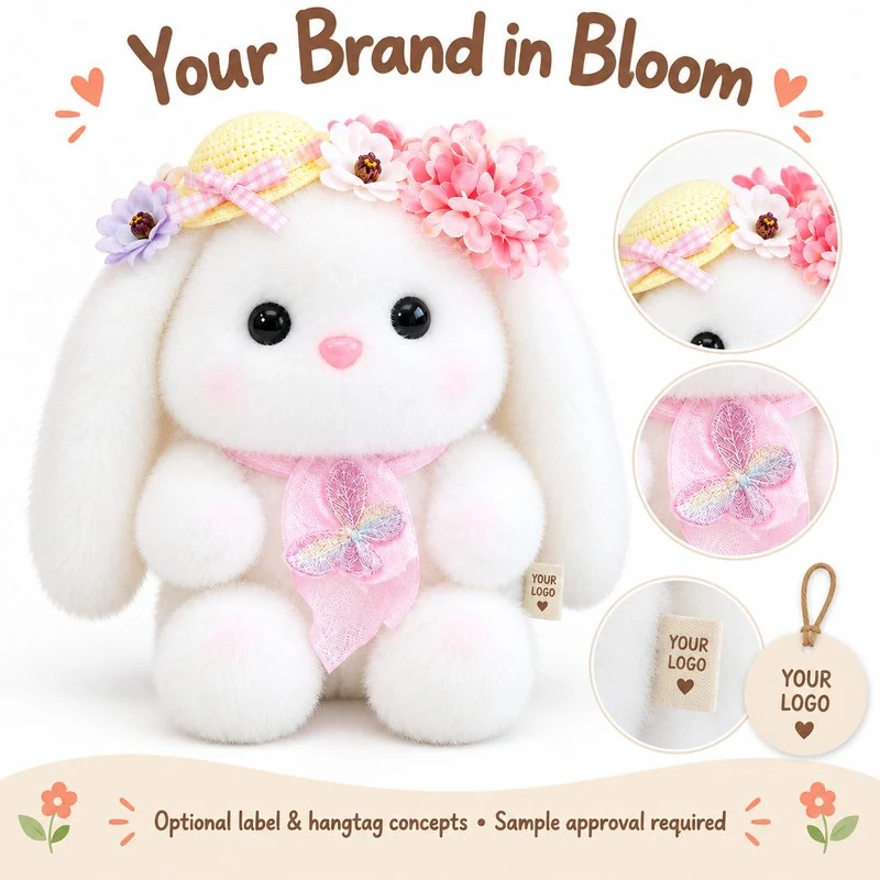Customization concept for flower crown easter bunny plush; feasibility and sample approval required.