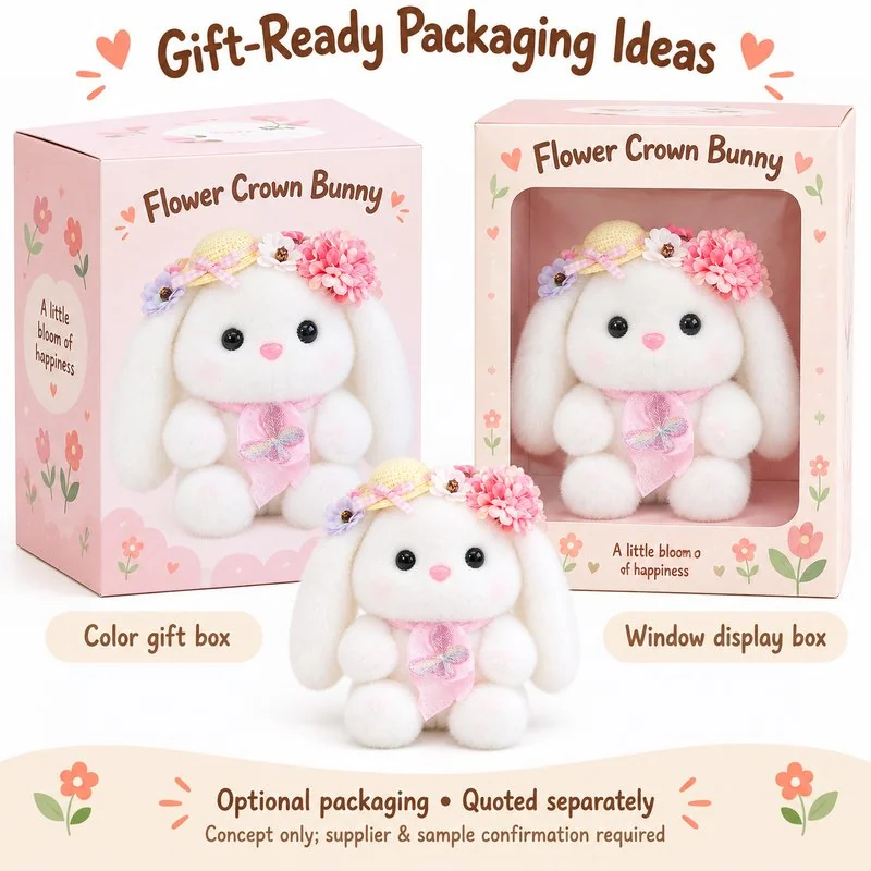 Flower Crown Easter Bunny Plush — optional packaging concept; final artwork, fit and quotation require confirmation.