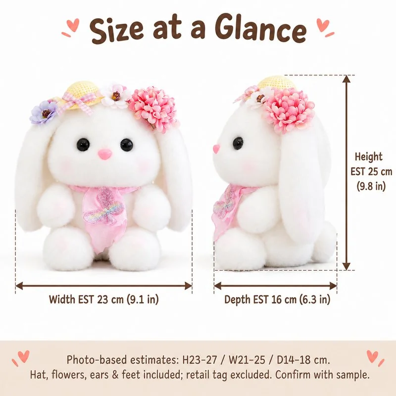 Flower Crown Easter Bunny Plush — proposed size reference; dimensions require sample confirmation.