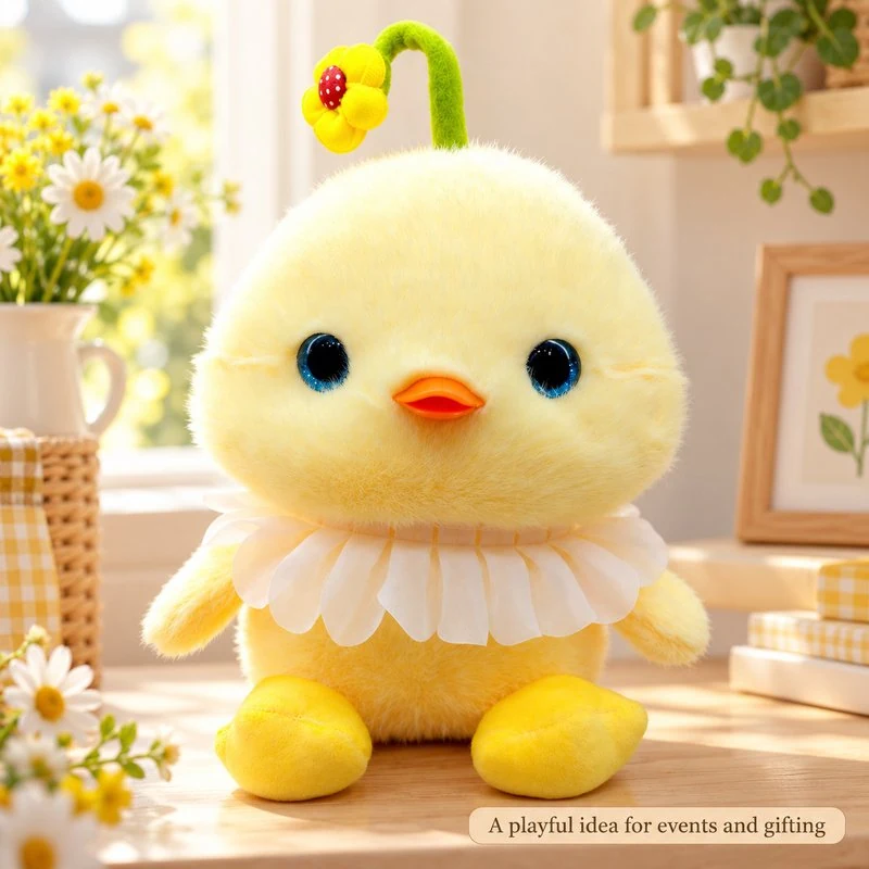 Illustrative application scene featuring flower stem yellow chick plush; setting is a concept.