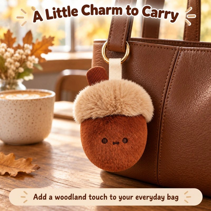 Illustrative application scene featuring fluffy acorn plush keychain; setting is a concept.