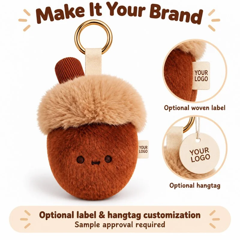Customization concept for fluffy acorn plush keychain; feasibility and sample approval required.