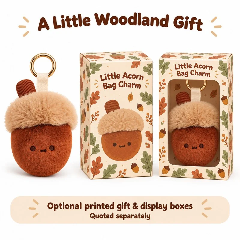 Fluffy Acorn Plush Keychain — optional packaging concept; final artwork, fit and quotation require confirmation.