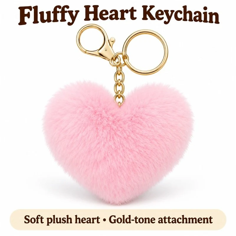 Fluffy Pink Heart Plush Keychain