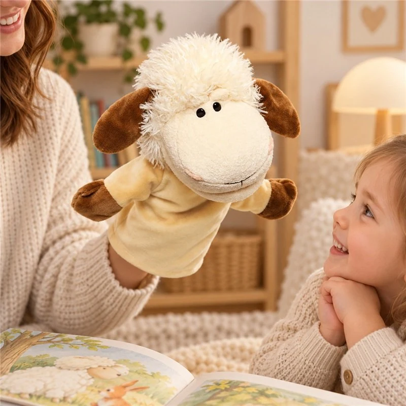 Illustrative application scene featuring fluffy sheep hand puppet; setting is a concept.