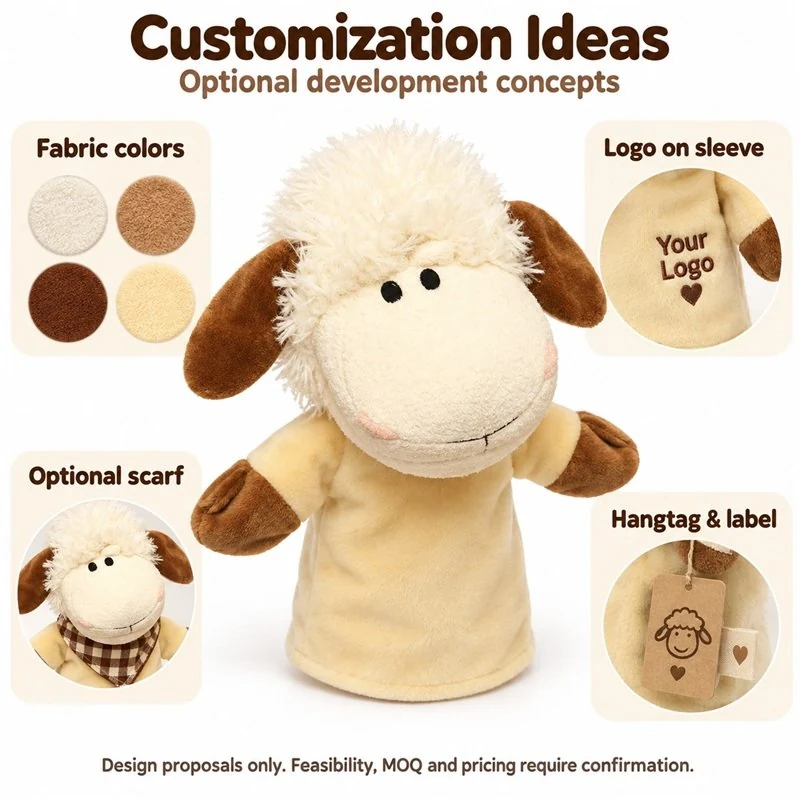 Customer-logo concept for fluffy sheep hand puppet, showing proposed sleeve logo, hangtag and label options; feasibility and sample approval required.