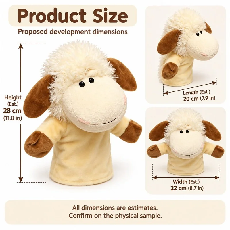 Fluffy Sheep Hand Puppet — proposed size reference; dimensions require sample confirmation.