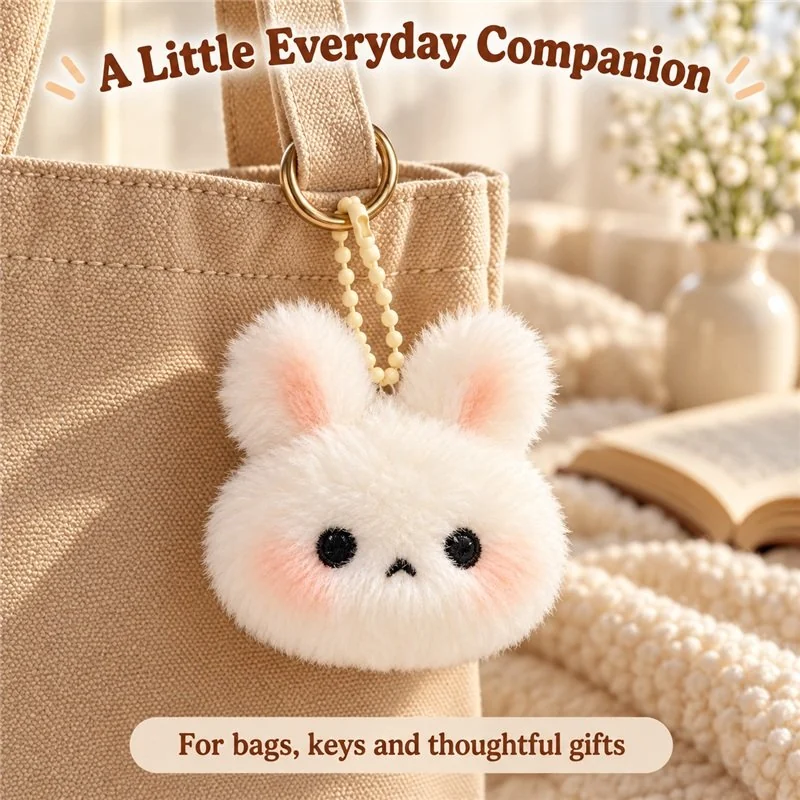 Illustrative application scene featuring fluffy white bunny head plush keychain; setting is a concept.
