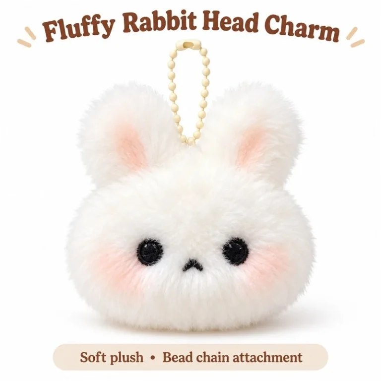 Fluffy White Bunny Head Plush Keychain