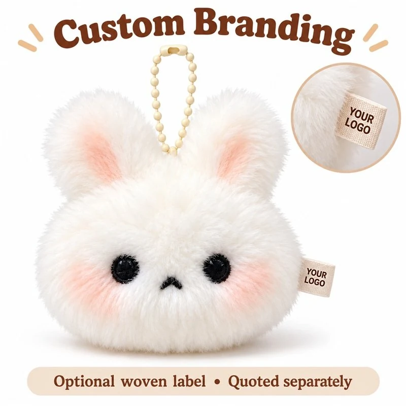Customization concept for fluffy white bunny head plush keychain; feasibility and sample approval required.