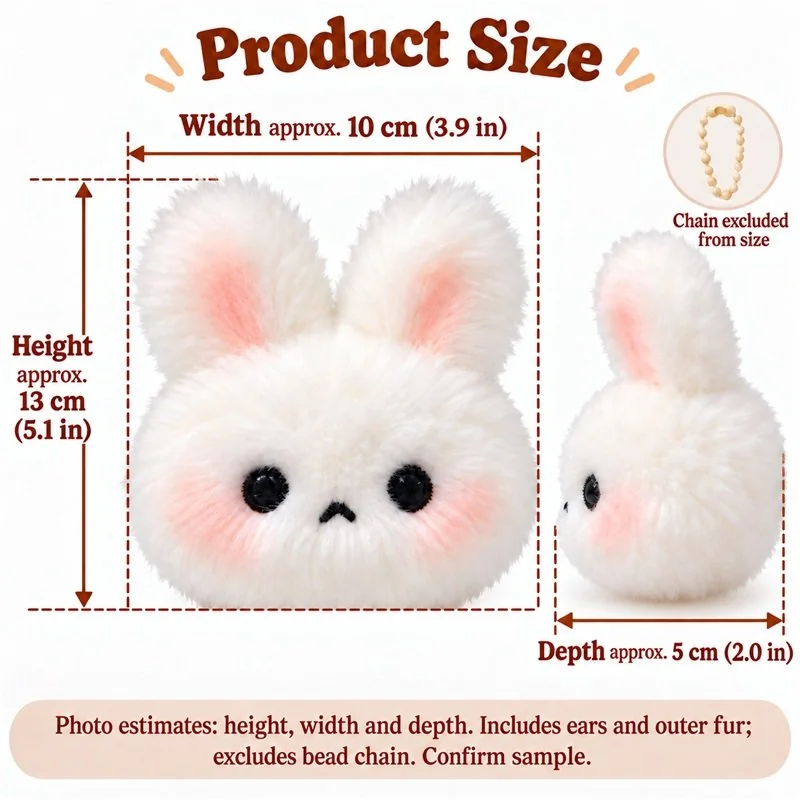 Fluffy White Bunny Head Plush Keychain — proposed size reference; dimensions require sample confirmation.