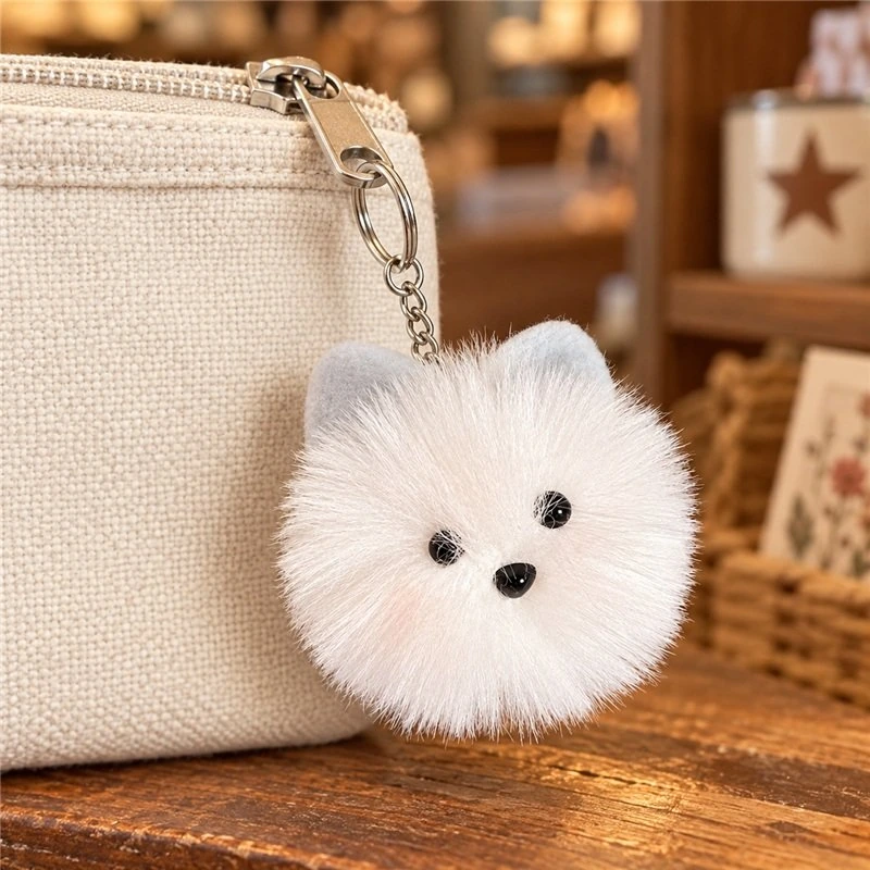 Illustrative application scene featuring fluffy white cat face keychain; setting is a concept.
