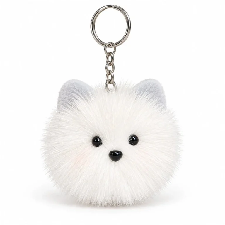 Fluffy White Cat Face Keychain