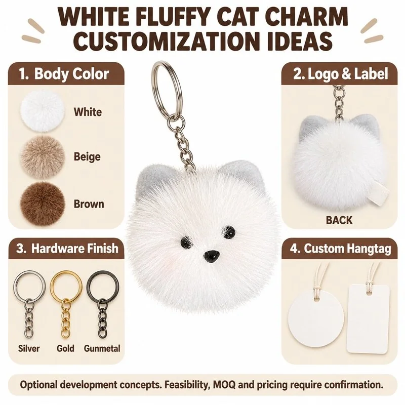 Customization concept for fluffy white cat face keychain; feasibility and sample approval required.