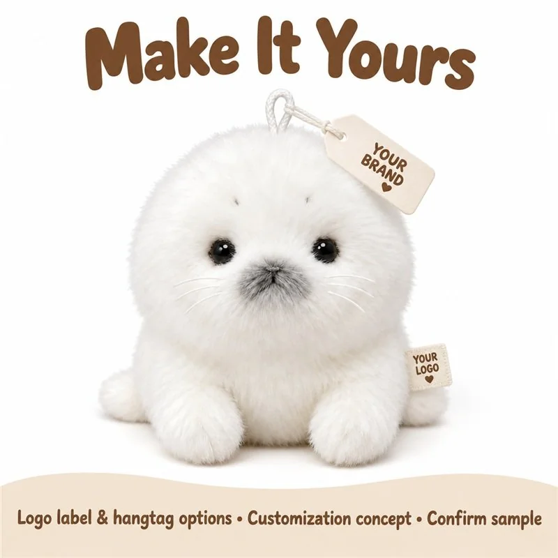Customization concept for fluffy white seal plush charm; feasibility and sample approval required.