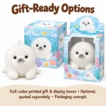 Fluffy White Seal Plush Charm — optional packaging concept; final artwork, fit and quotation require confirmation.