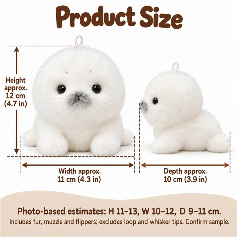 Fluffy White Seal Plush Charm — proposed size reference; dimensions require sample confirmation.