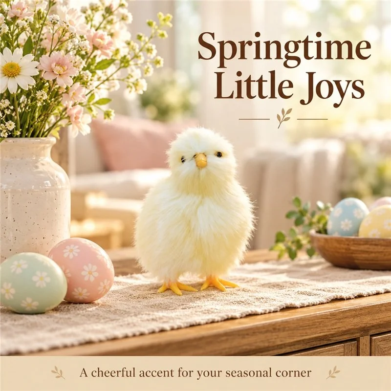 Illustrative application scene featuring fluffy yellow easter chick decoration; setting is a concept.