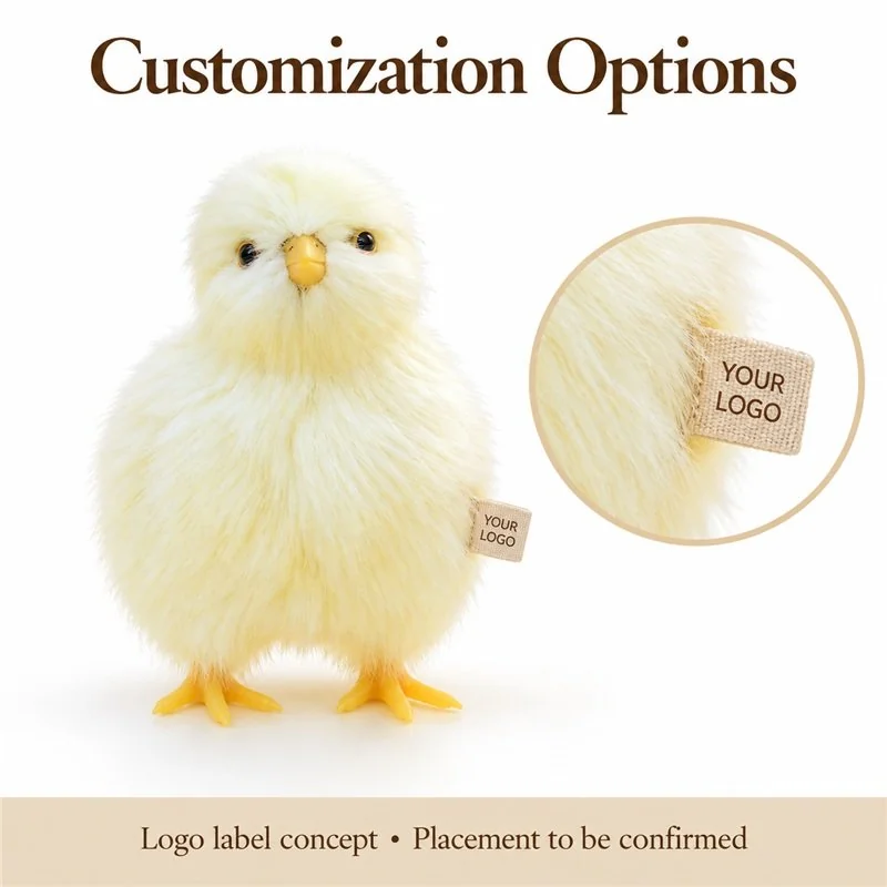 Custom-label concept for fluffy yellow easter chick decoration, showing a proposed fabric label; sample approval required.