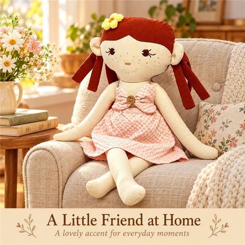 Illustrative application scene featuring freckled pink dress cloth doll; setting is a concept.