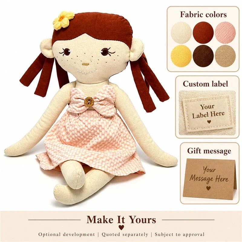 Customization concept for freckled pink dress cloth doll; feasibility and sample approval required.