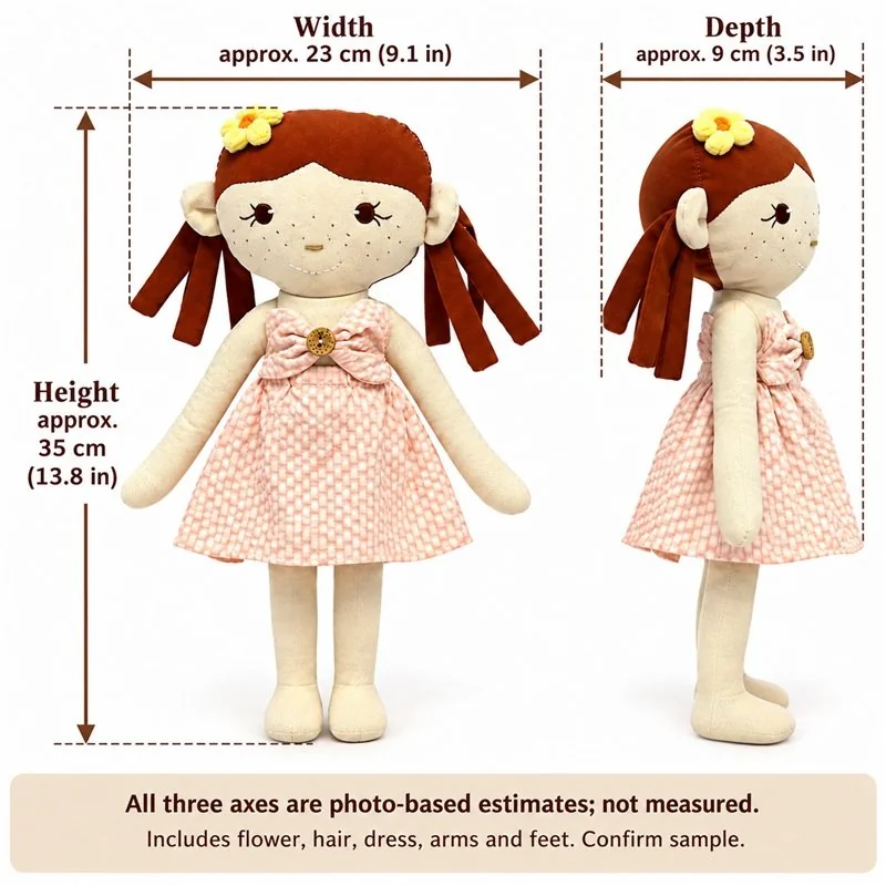 Freckled Pink Dress Cloth Doll — proposed size reference; dimensions require sample confirmation.