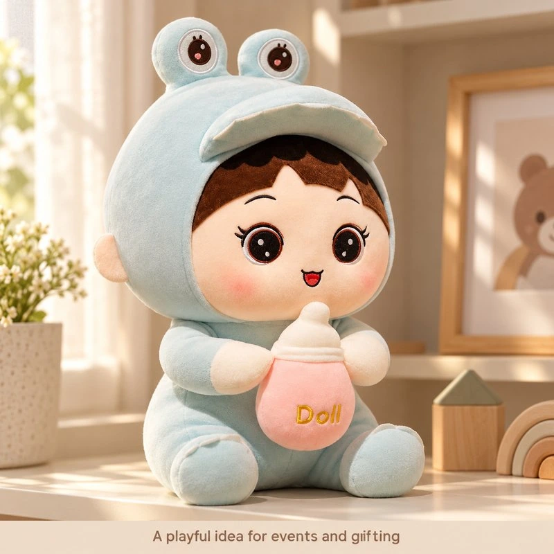 Illustrative application scene featuring frog hood baby bottle plush doll; setting is a concept.