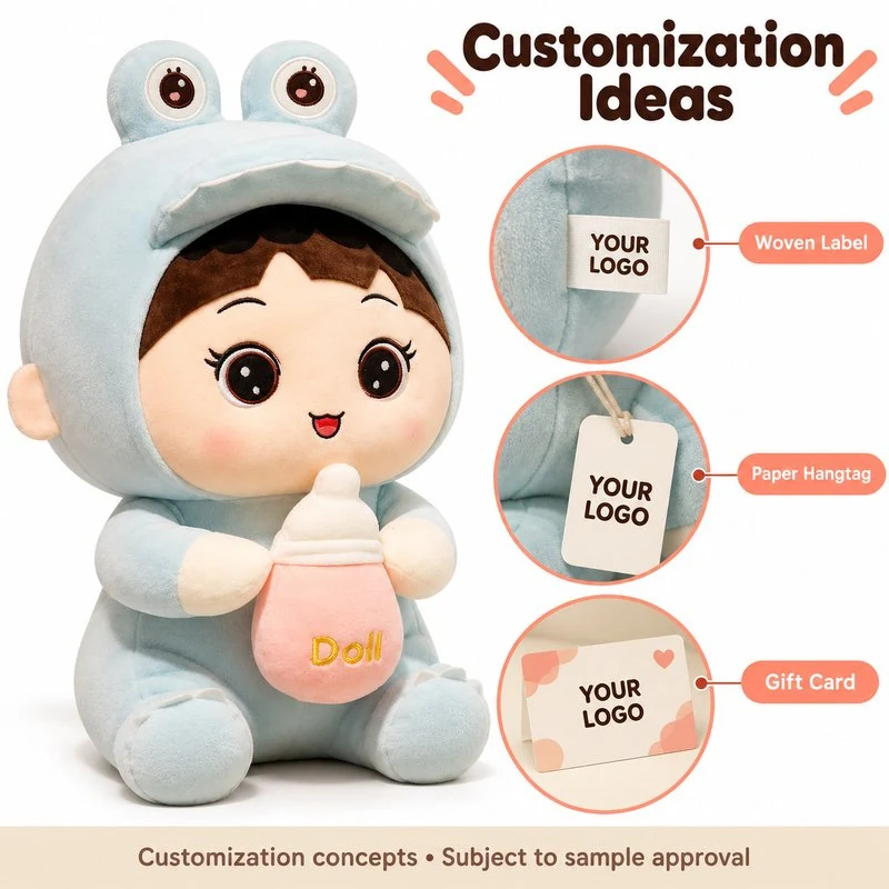 Customization concept for frog hood baby bottle plush doll; feasibility and sample approval required.