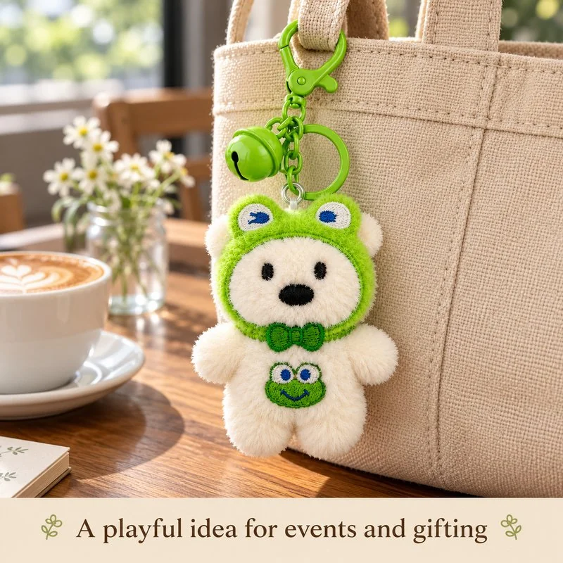 Illustrative application scene featuring frog hood white bear plush keychain; setting is a concept.