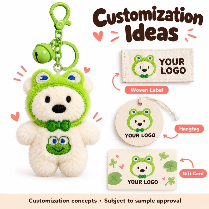 Customization concept for frog hood white bear plush keychain; feasibility and sample approval required.