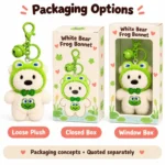 Frog Hood White Bear Plush Keychain — optional packaging concept; final artwork, fit and quotation require confirmation.