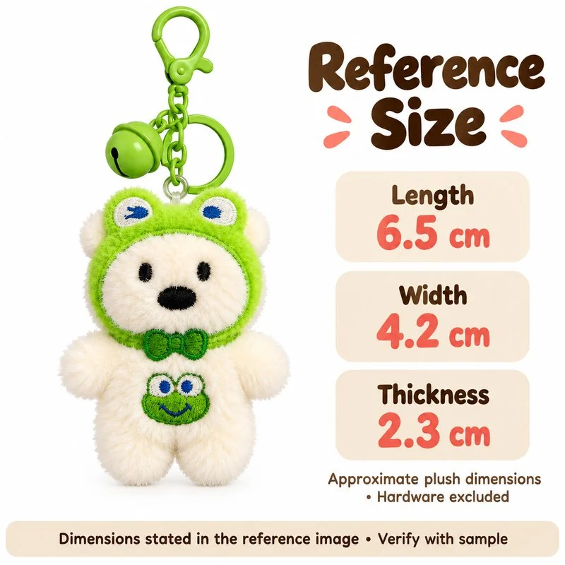 Frog Hood White Bear Plush Keychain — proposed size reference; dimensions require sample confirmation.
