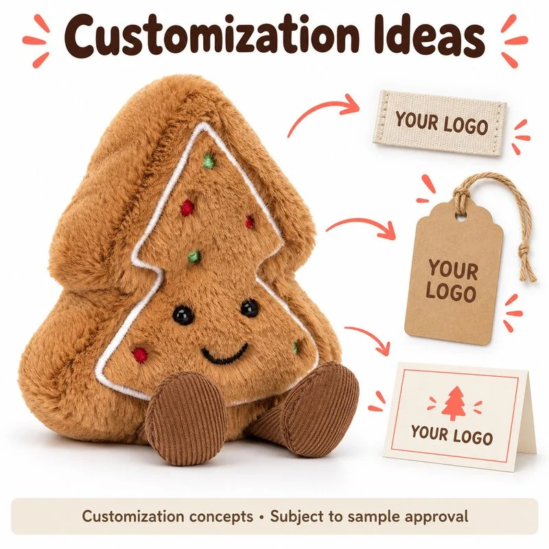 Customization concept for gingerbread christmas tree plush; feasibility and sample approval required.