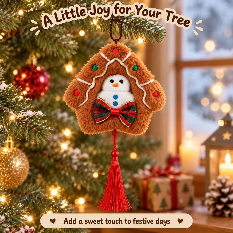 Illustrative application scene featuring gingerbread house snowman plush ornament; setting is a concept.